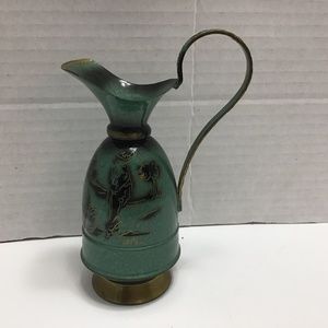 Unique Oppenheim, mid-century, enamel on brass small pitcher with lady design